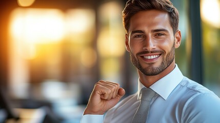 Confident man celebrating success indoors.