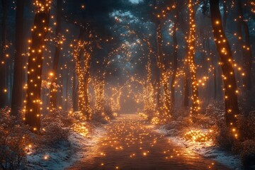 magical new year forest sparkling with lights and festive decorations where the atmosphere is filled with enchantment and a sense of celebration and renewal