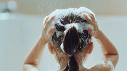 use hand washes hair of little girl with shampoo