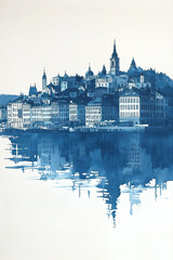 Fototapeta premium Oslo, Norway, color wood block print effect. Woodblock printing. Graphic designed, illustration for travel poster, card, wallpaper, backdrop or banner. Modern, clear, artistic and simple