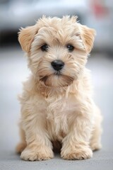  A close-up of a small dog sitting on the ground A car is in the background behind it