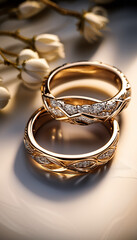 Golden Diamond wedding rings and flowers Marriage Engagement Gem Jewelry Bridal Groom Accessory Love Romance