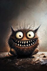  A near view of a cartoon character expressing a chillingly creepy countenance and a toothy smirk