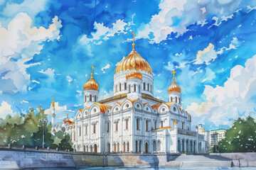 Obraz premium A large white building with a gold dome and a cross on top
