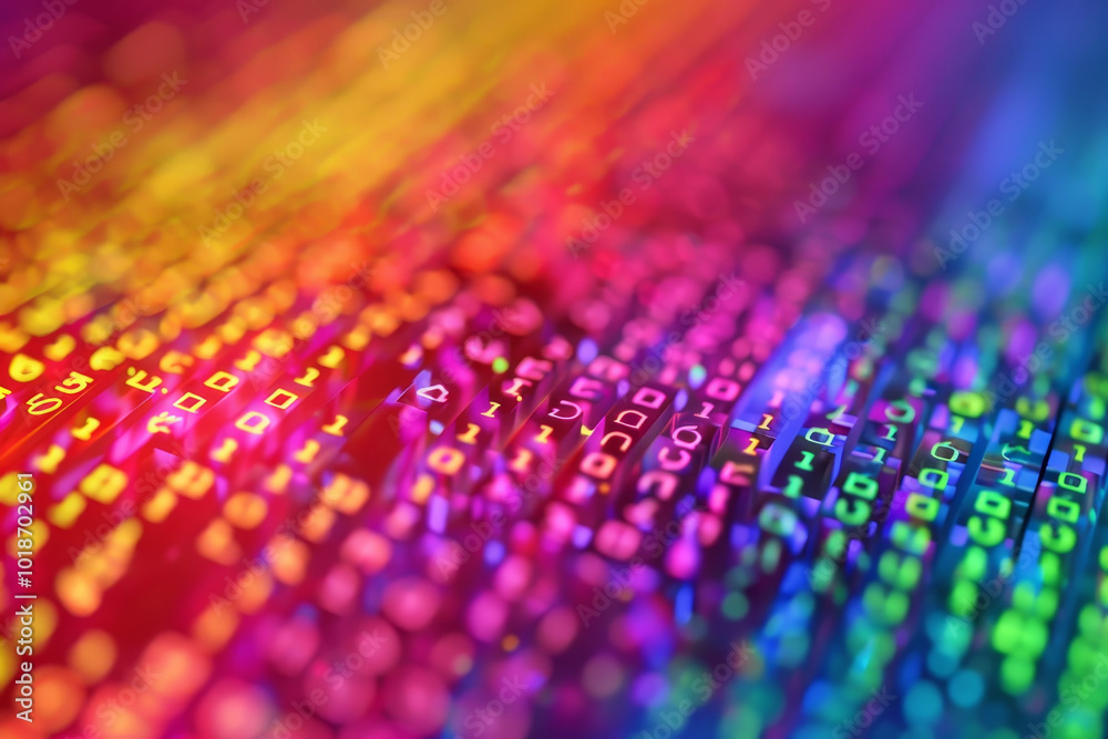 Poster a colorful image of binary code with a rainbow background