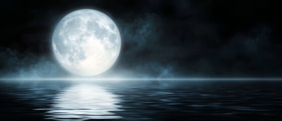 Full moon rising over tranquil water, night sky backdrop with clouds, mirrored reflection