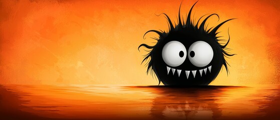 Fototapeta premium A charming monster with a broad grin and an orange backdrop faces a body of water