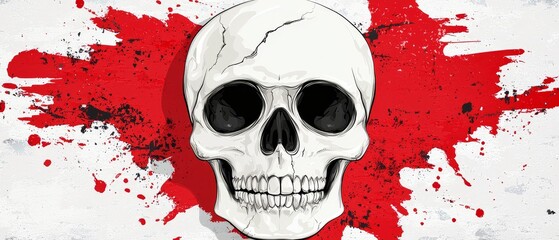  A white skull with black eyes against a red and white splatter background; a splash of paint completes the chaotic scene