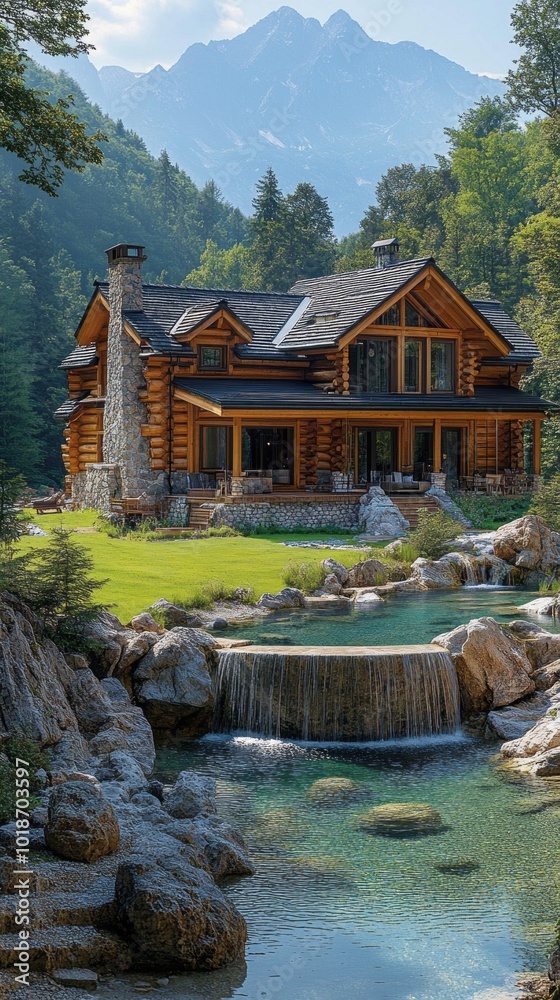 Poster a house with a large stone chimney sits in front of a mountain range