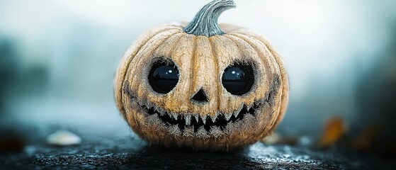 Obraz premium A tight shot of a pumpkin showcasing a spooky, defined features face, set against a hazy, indistinct background