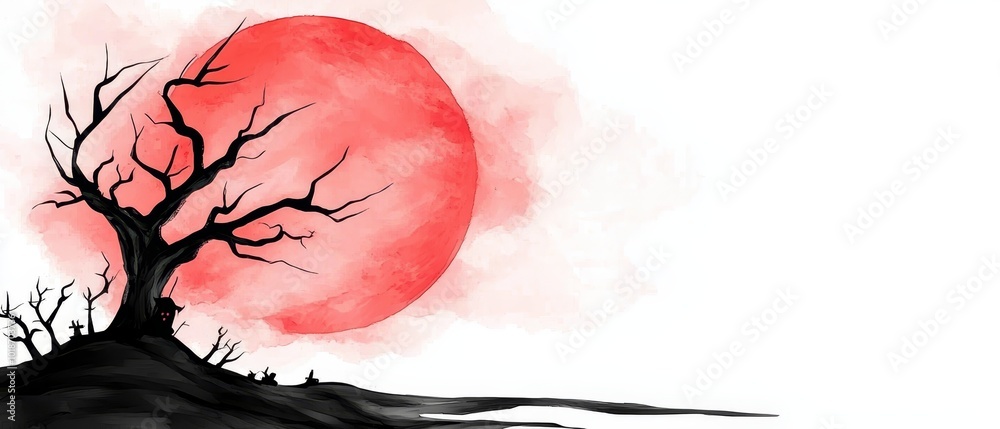 Canvas Prints  A watercolor tree with red sun and scarlet sky backdrop