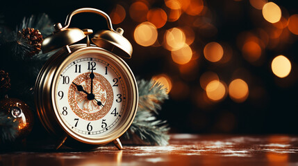 Old Black vintage alarm clock on wooden table on blur background of Christmas tree. New Year Theme