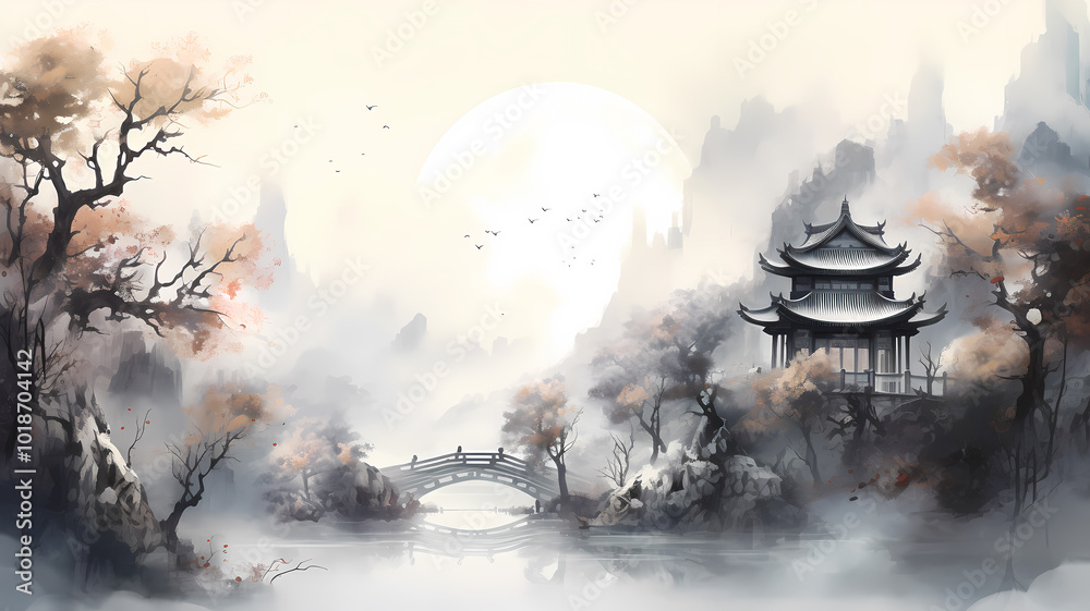 Wall mural chinese gardens in ink paintings