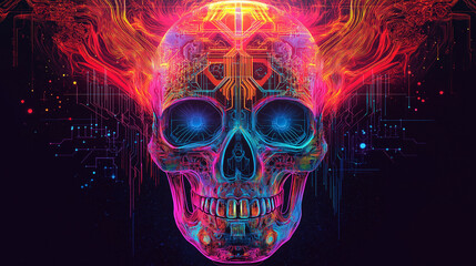 A vibrant, abstract representation of a skull with glowing blue eyes and colorful patterns, merging technology with art in a digital landscape