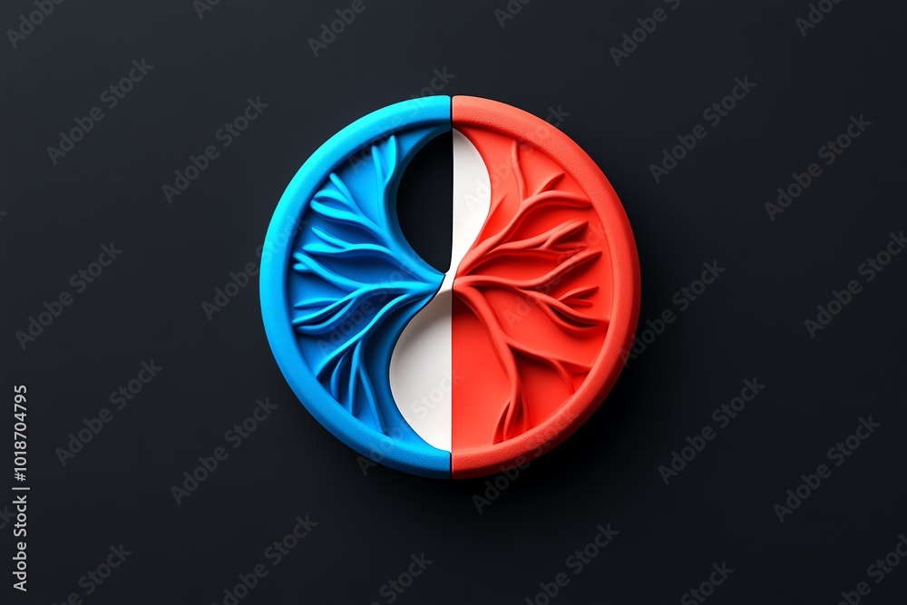 Poster Minimalist icon of a split circle, half light and half dark, representing the concept of dualism in a simplified form