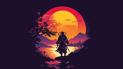 Fototapeta premium A lone warrior stands silhouetted against a vibrant sunset by a tranquil lake surrounded by mountains and trees