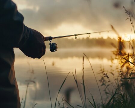 A fisherman catches fish at dawn. Fishing hobby vacation concept. Hands of a man in a Urp plan hold a fishing rod