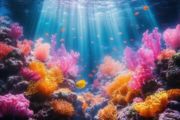 magical underwater scene depicting a vibrant sea bed filled with colorful corals fish and enchanting light rays filtering through the water creating a fantasy landscape