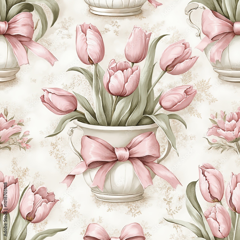 Sticker Elegant floral pattern with pink tulips in vintage teacups for home decor or gift wrapping.