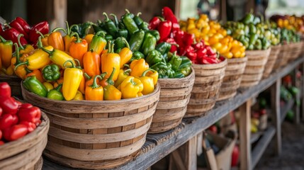 Assortment of Red, Yellow, and Green Bell Peppers in Wooden Baskets