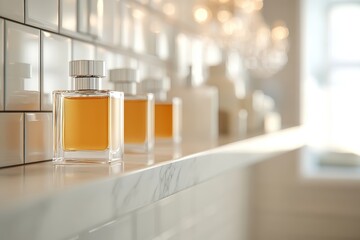 Luxurious Perfume Bottles Displayed on Marble Shelf with Elegant Chandelier in Modern Bathroom Setting
