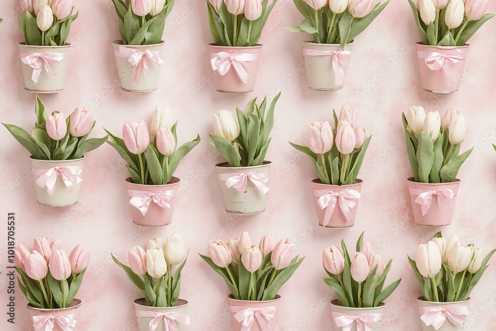 Sticker Charming floral arrangement of pink tulips in decorative pots for spring decor.