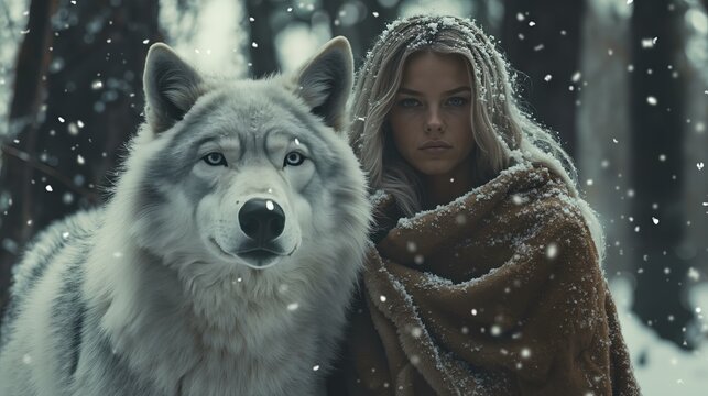 Winter bonding: woman and wolf in snowy forest scene.