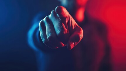 Finger pointing, closeup, red and blue light background, USA election
