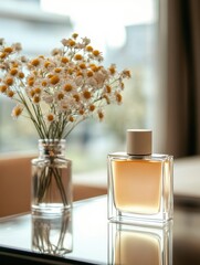 Fragrant Elegance - Perfume Bottle and Flowers in Modern Lounge