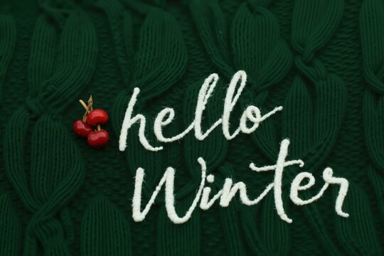 Cozy winter greeting with red berries on knitted green background.