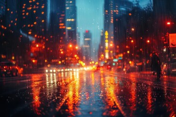 Naklejka premium magical urban nightscape golden bokeh lights rainsoaked streets blurred city skyline dreamy atmospheric photography