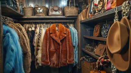 Luxurious fur coats and accessories in a stylish vintage walk-in closet.