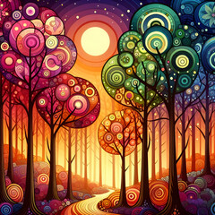 Obraz premium Colorful, Whimsical Forest Art with Swirling Trees and Vibrant Sunset Hues, Perfect for Decor