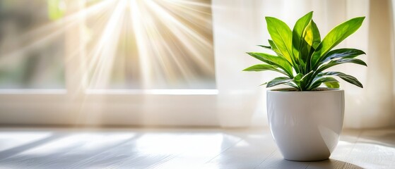 Fototapeta premium A potted plant facing a sunlit window Sun shines through the glass behind it