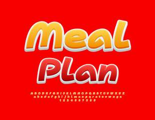 Vector artistic logo Meal Plan. Funny Bright Font. Creative Alphabet Letters and Numbers set.