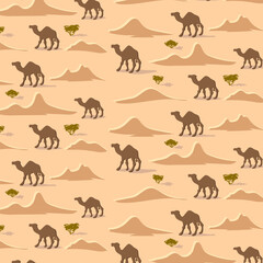 Pattern with camels in the desert.Camels on a colored background with sand dunes in a vector pattern.