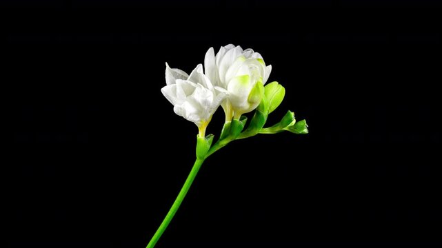 White Freesia Flower Blooming and Wilting in Time Lapse on a Black Background. Isolated