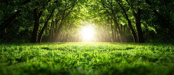 Fototapeta premium The sun illuminates the green field with grass in the foreground and trees in the background, as sunlight filters through the trees