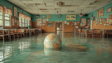 Flooded classroom with a globe submerged.