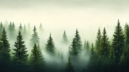 Fototapeta premium foggy forest scene with tall pine trees creates serene and mystical atmosphere. layers of mist add depth and intrigue to landscape, inviting exploration and reflection