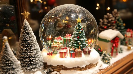 Christmas snow globe festive winter scene. New Year and Christmas background