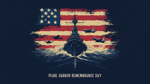 Pearl Harbor Remembrance Day background. with a military ship and jets on an American flag background
