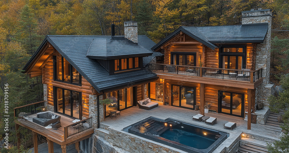 Poster a large house with a pool and a fireplace