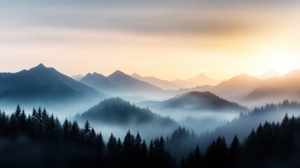 Obraz premium misty mountain range at twilight, showcasing deep purple hues and soft fog enveloping peaks, creates serene and tranquil atmosphere