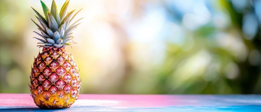  A pineapple atop a table, near a green, leafy tree in a hazy backdrop