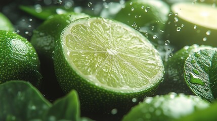Fresh limes with droplets on a dark surface.