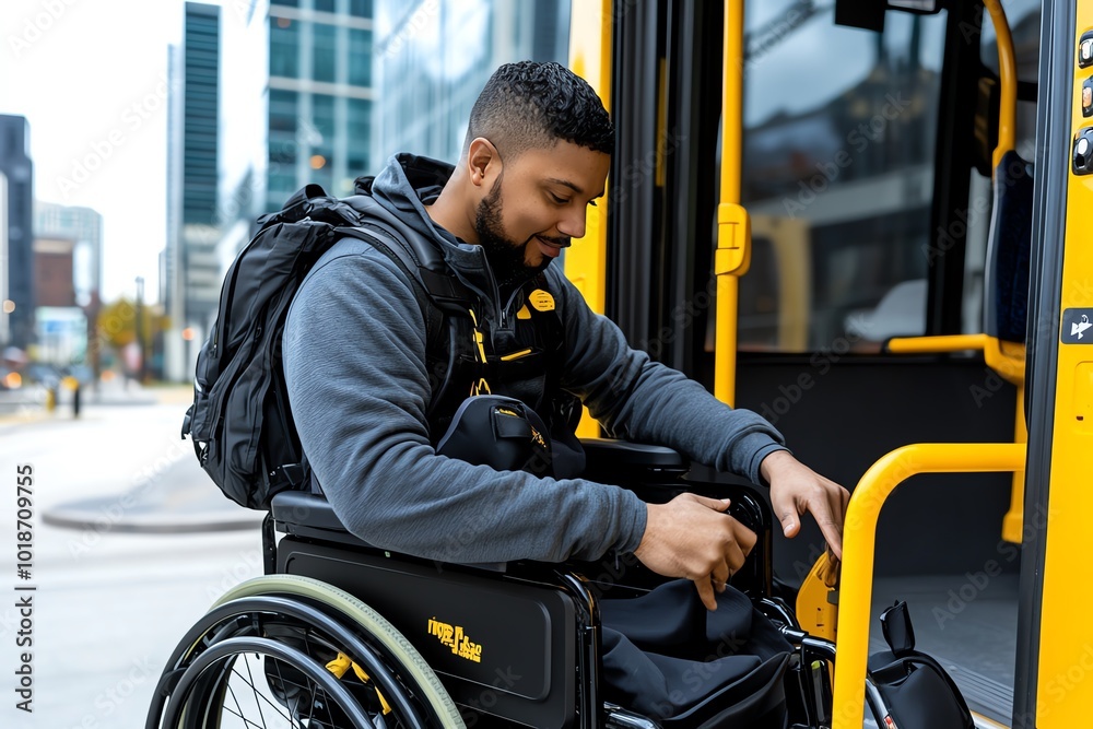 Poster person using a wheelchair boarding a low-floor bus in a city, showcasing the accessibility features 