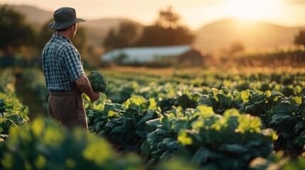 Fototapeta premium Farmer Holding Freshly Harvested Broccoli in a Field at Sunset