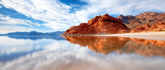  A crystal-clear body of water nestled among mountains, beneath a vast blue sky adorned with fluffy clouds