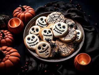 Halloween treats concept. Homemade halloween cookies. Halloween cooking and baking. 